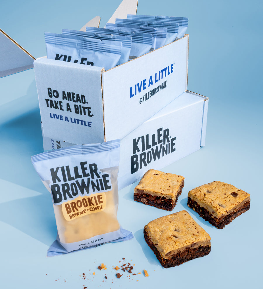 Image of Killer Brownie branded box containing six Individually wrapped Killer Brownie Brookie brownies