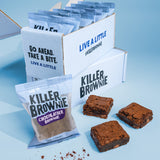 Image of Killer Brownie branded box containing six Individually wrapped Killer Brownie Chocolatier chocolate brownies