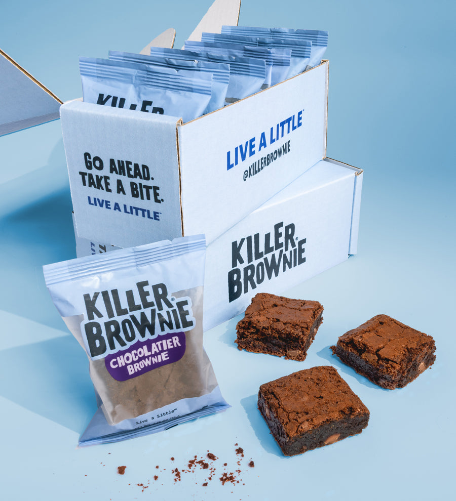 Image of Killer Brownie branded box containing six Individually wrapped Killer Brownie Chocolatier chocolate brownies