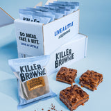 Image of Killer Brownie branded box containing six Individually Wrapped Triple Chocolate Brownies with Caramel