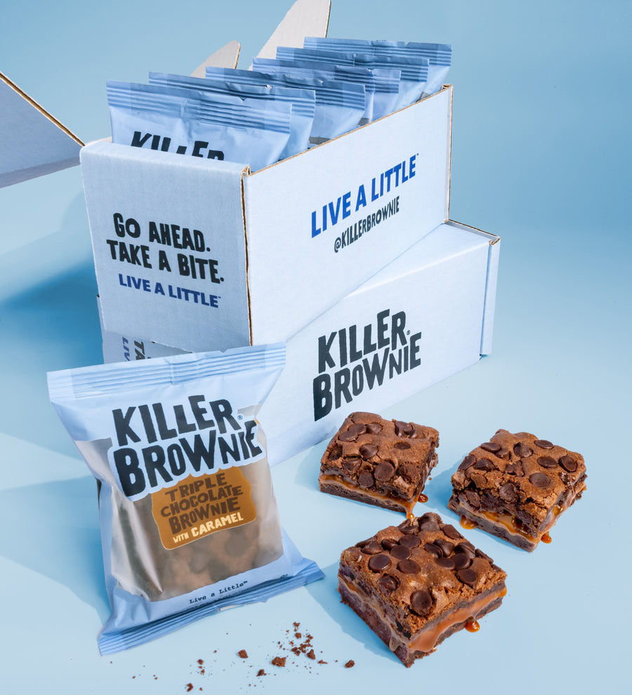 Image of Killer Brownie branded box containing six Individually Wrapped Triple Chocolate Brownies with Caramel
