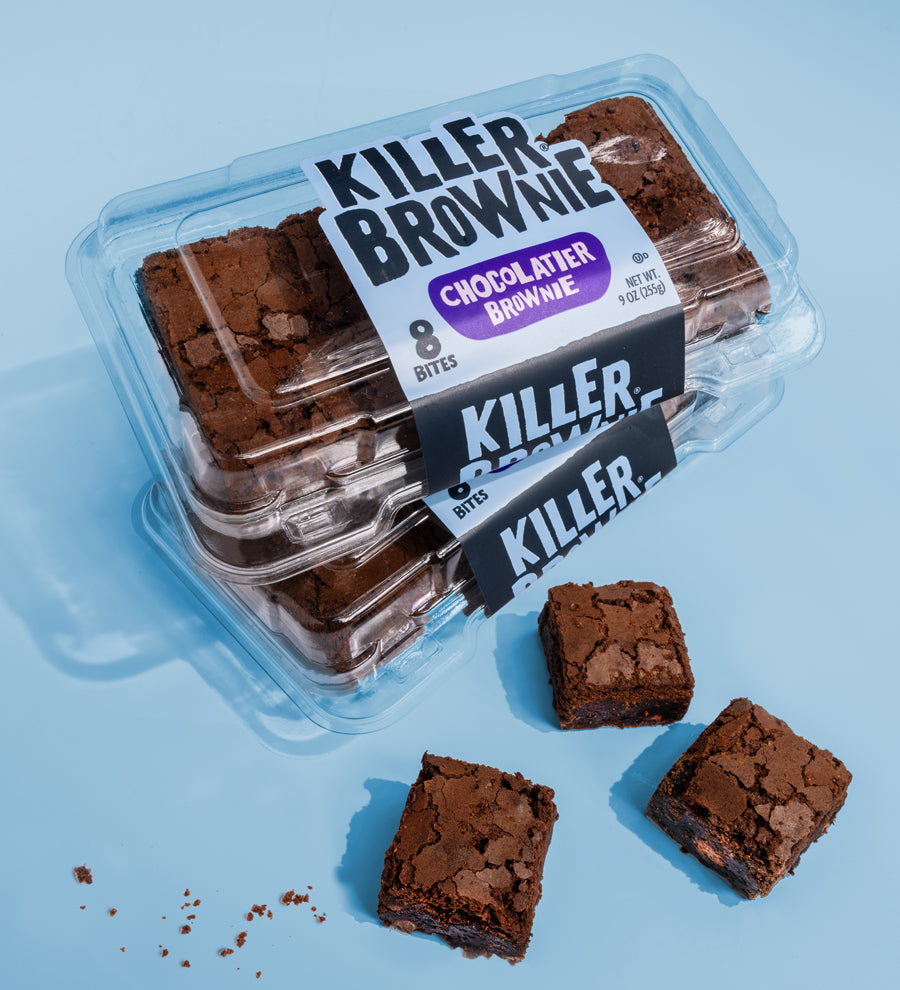 Image of two Killer Brownie 8 Bite Plastic containers containing Chocolatier chocolate Brownies