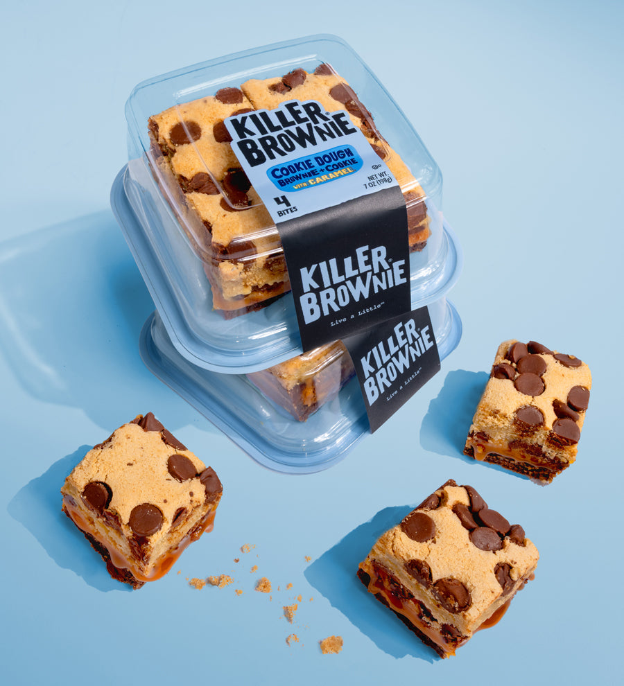 Image of two Killer Brownie 4 Bite Plastic containers containing Cookie Dough with Caramel Brownies