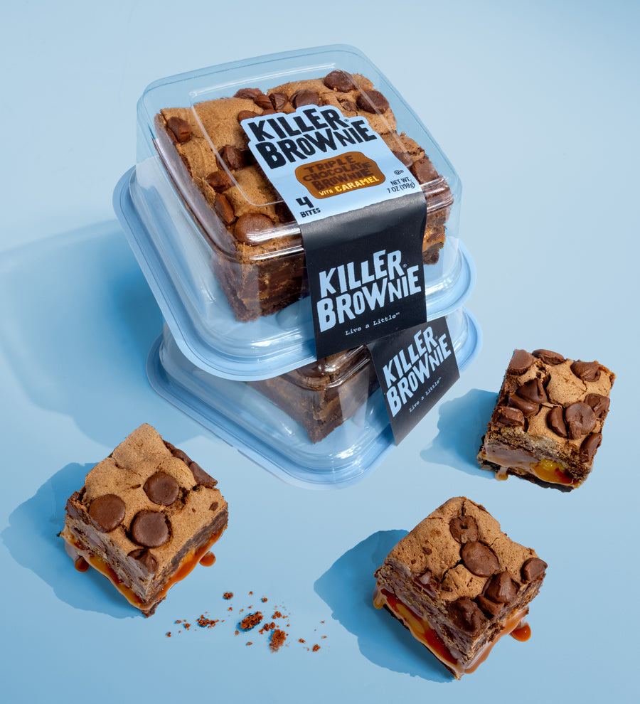 Image of two Killer Brownie 4 Bite Plastic containers containing Triple Chocolate Brownies with Caramel