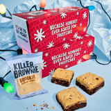 Red gift box with text and brownies on a blue background