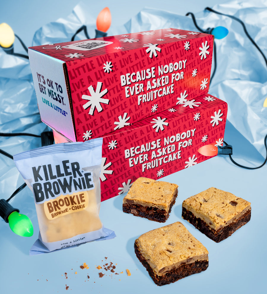 Red gift box with text and brownies on a blue background