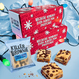 Red holiday-themed box with 'Killer Brownie' cookie dough bars on a blue background.