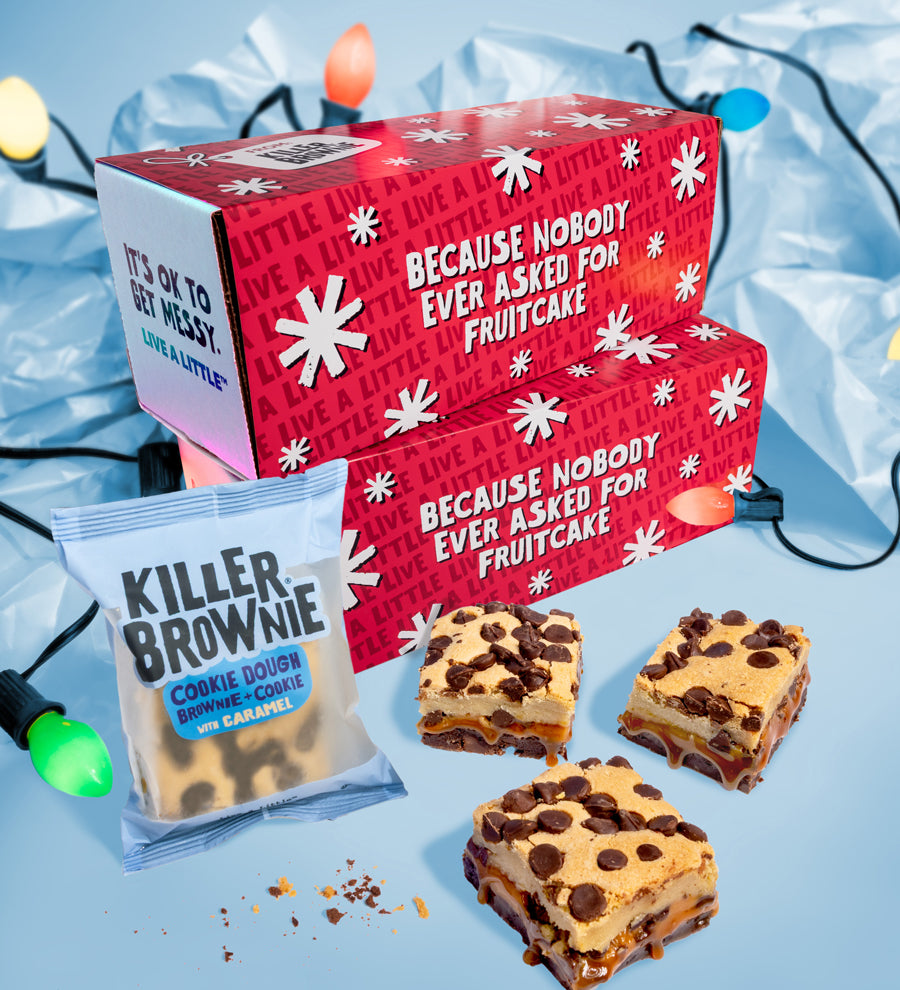 Red holiday-themed box with 'Killer Brownie' cookie dough bars on a blue background.