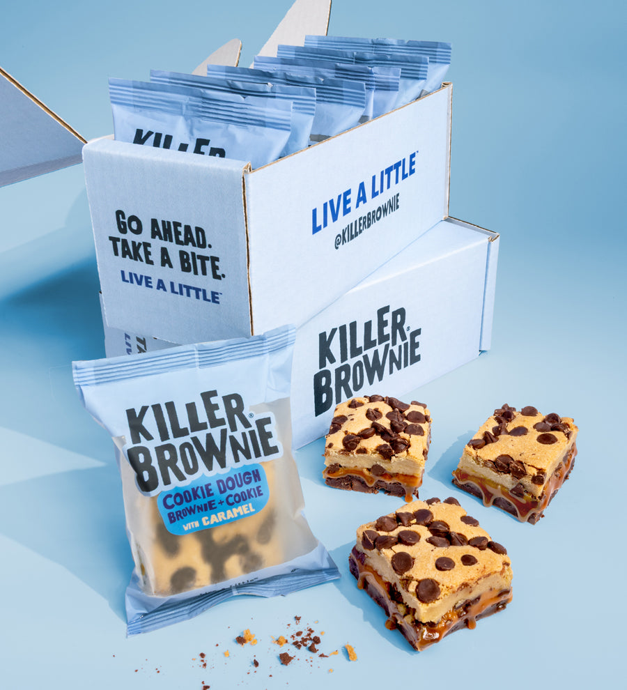 Image of Killer Brownie branded box containing six Individually Wrapped Cookie Dough Brownies with Caramel