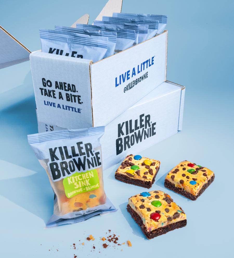 Image of Killer Brownie branded box containing six Individually wrapped Kitchen Sink Brownies