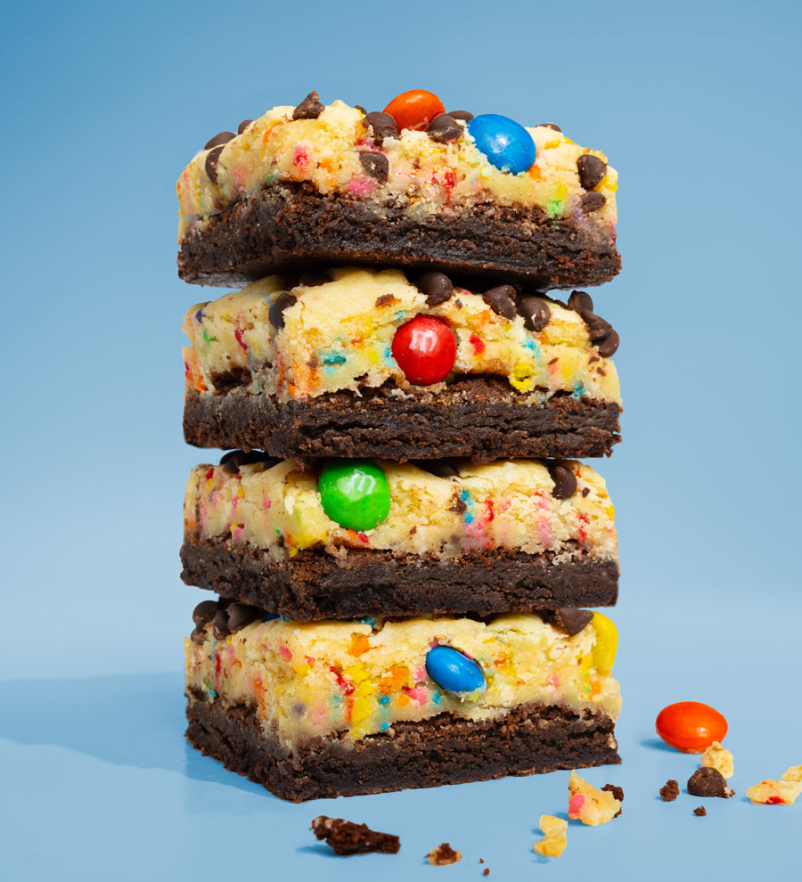 Image of four stacked Killer Brownie Kitchen Sink brownies